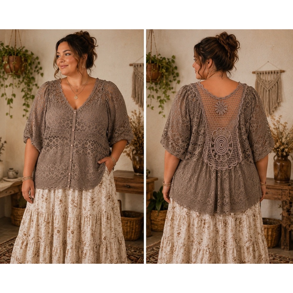 Boho Glam Cottagecore Taupe Beige Lace Crochet Back Button Front Top 1X Top
